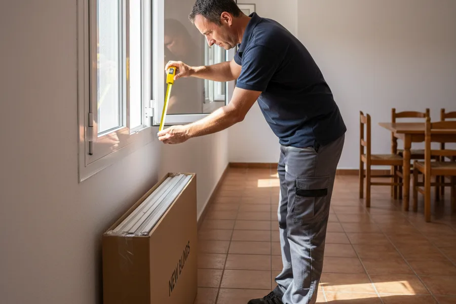 Persianista midiendo ventana para instalar persiana nueva a medida