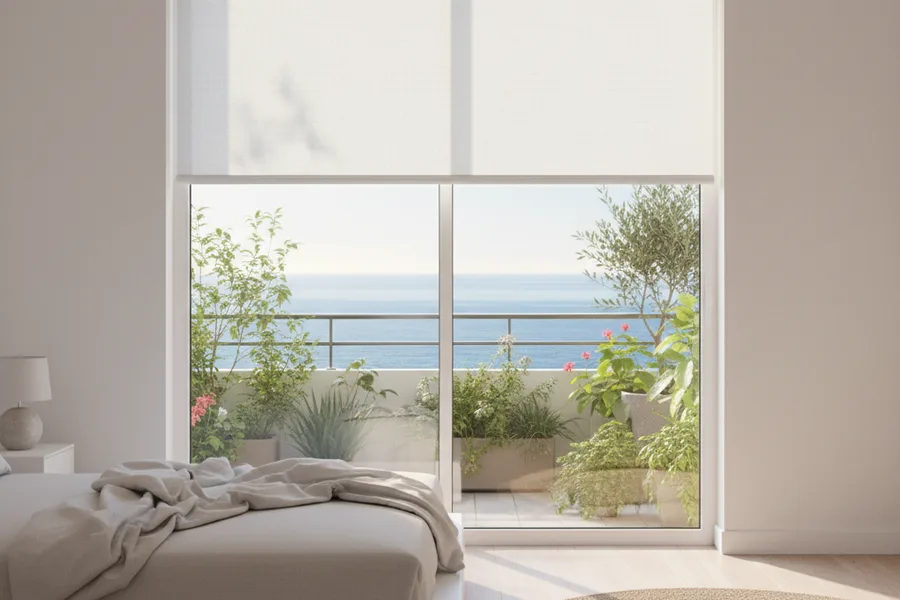 Mosquitera enrollable instalada en ventana con vistas al mar Mediterraneo